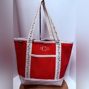 Lands’ End Large Red/Tan Cotton Canvas Christmas Lights Tote Bag